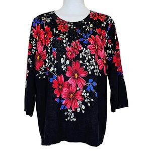 Rebecca Malone Lightweight Black Floral Sweater with Rhinestones Size Large